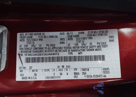 2016 Ford Escape Se z USA, uszkodzony, nr VIN 1FMCU0G9XGUA64972